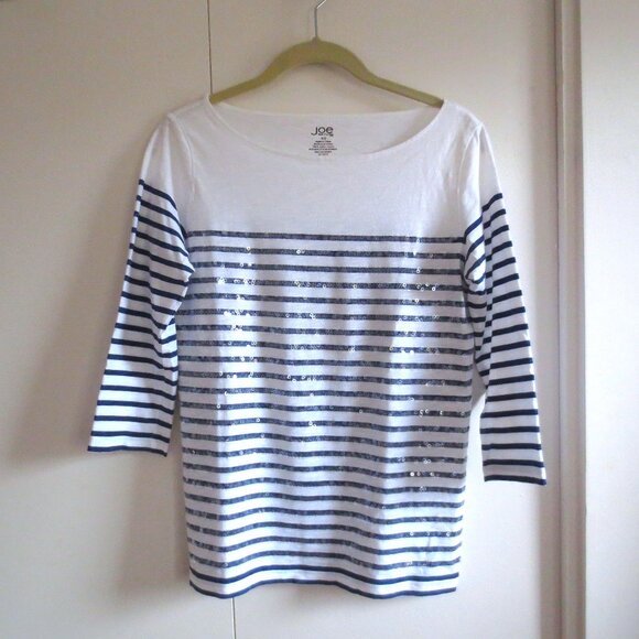 Joe Fresh Navy White Stripe Boat Neck Nautical Cotton Breton T-Shirt Tee - Picture 1 of 6